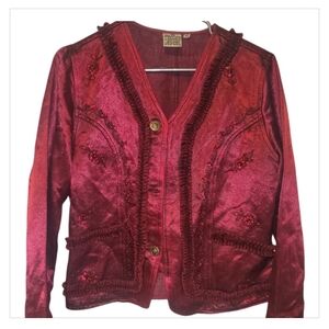 Vintage Parsley & Sage Silk Cotton Beaded Jacket Burgundy Womens M